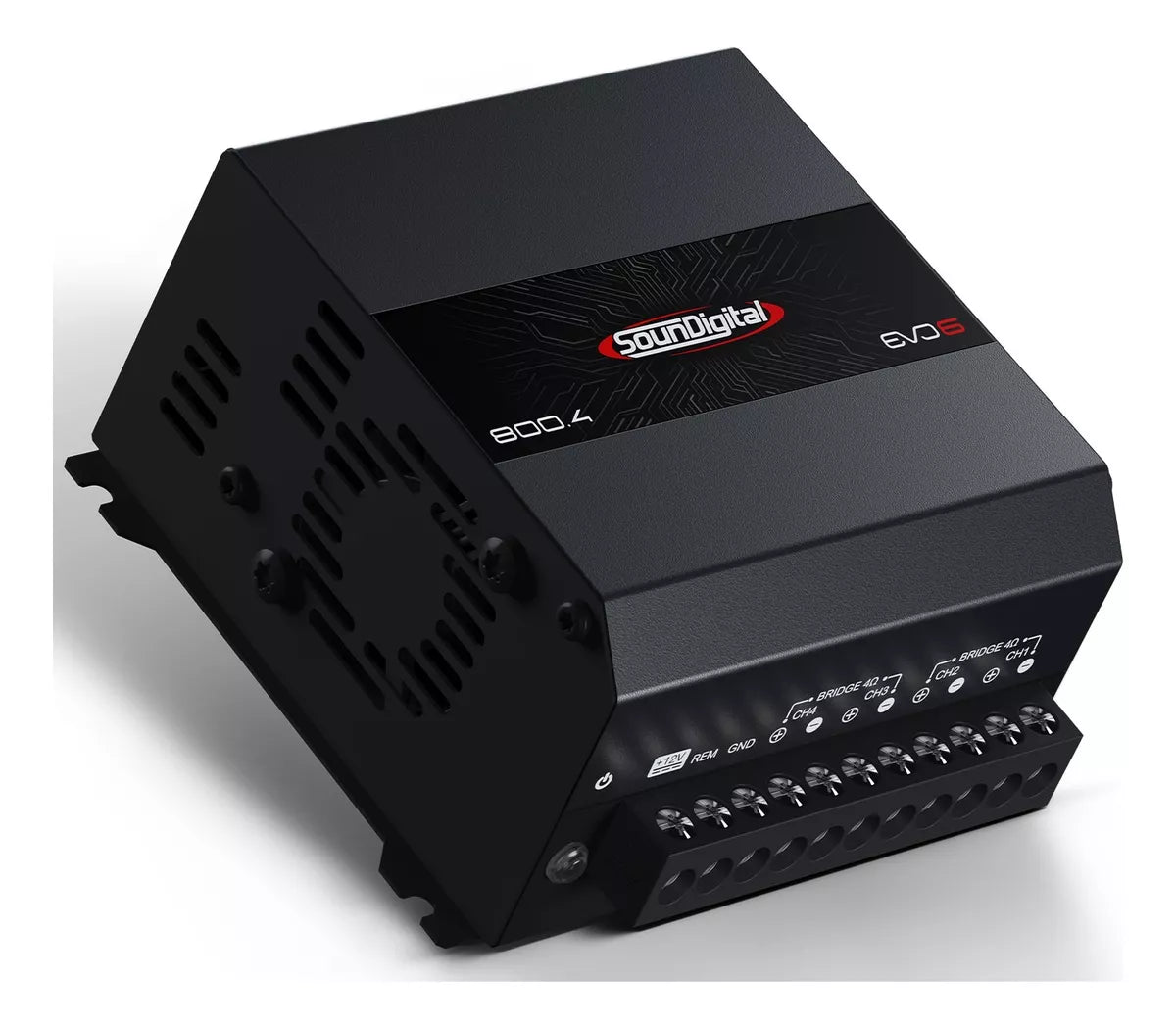Soundigital SD800.4D EVO 6 car amplifier with four channels and 800 watts RMS, shown with connections and sleek design.