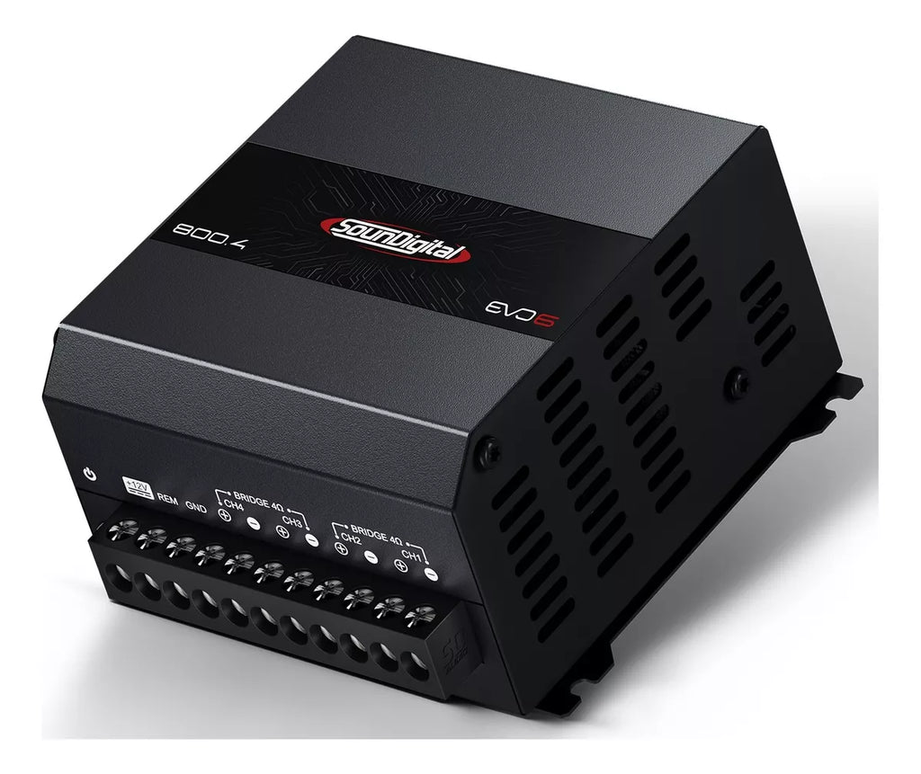 Soundigital SD800.4D EVO 6 car amplifier with four channels and 800 watts RMS, shown in a sleek black design.