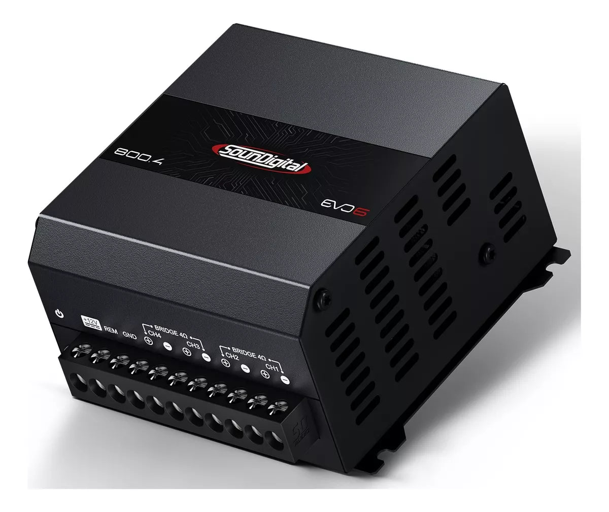 Soundigital SD800.4D EVO 6 car amplifier with four channels and 800 watts RMS, shown in a sleek black design.