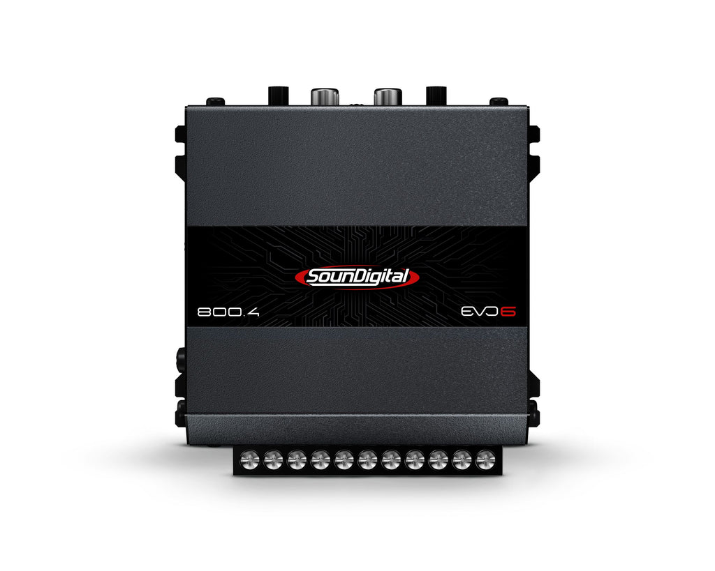 Soundigital SD800.4D EVO 6 car amplifier with four channels and 800W RMS, shown installed in a vehicle's audio system.