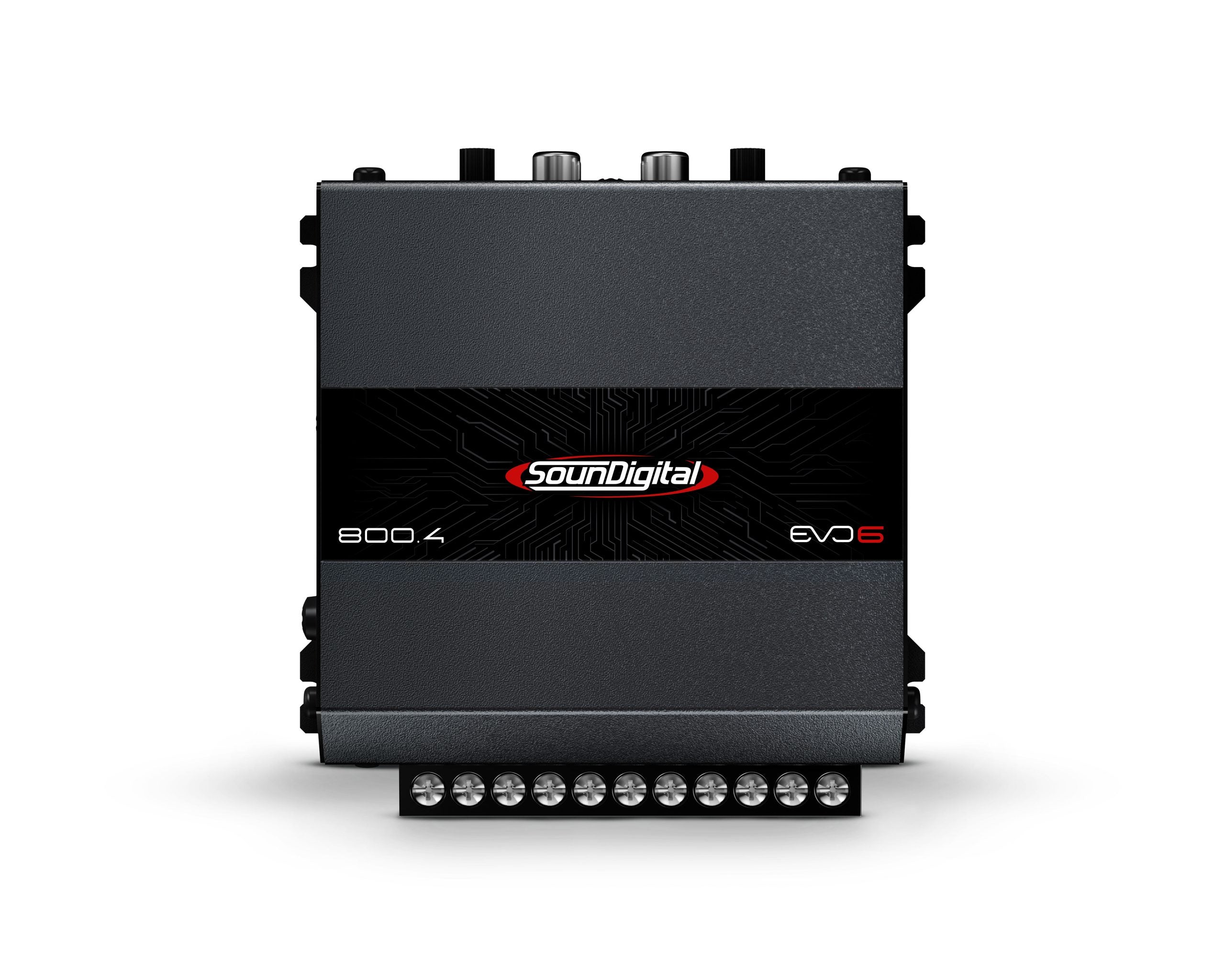 Soundigital SD800.4D EVO 6 car amplifier with four channels and 800W RMS, shown installed in a vehicle's audio system.