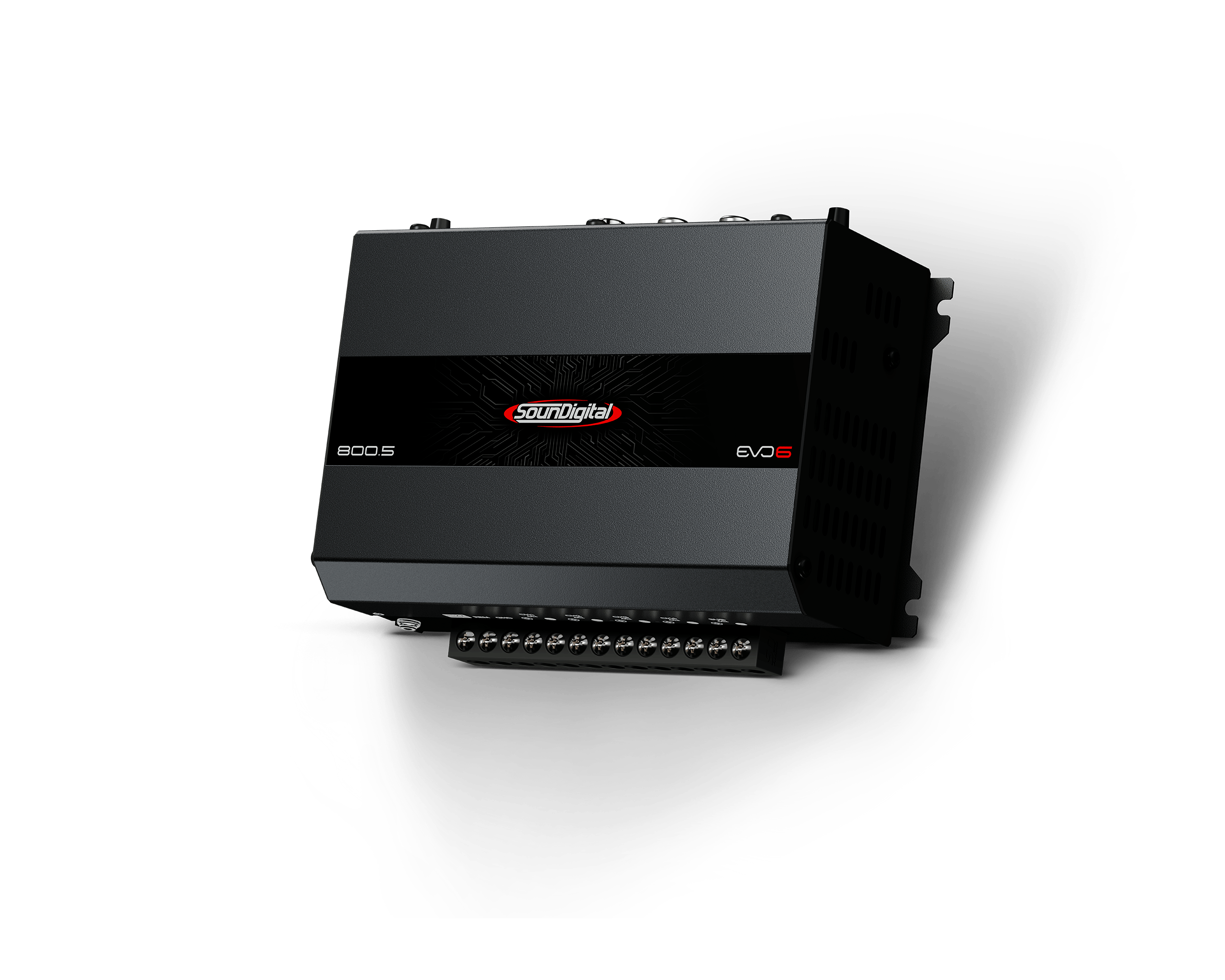 Soundigital SD800.5D EVO 6 car amplifier with 5 channels and 800 watts RMS, featuring a sleek design and control knobs.