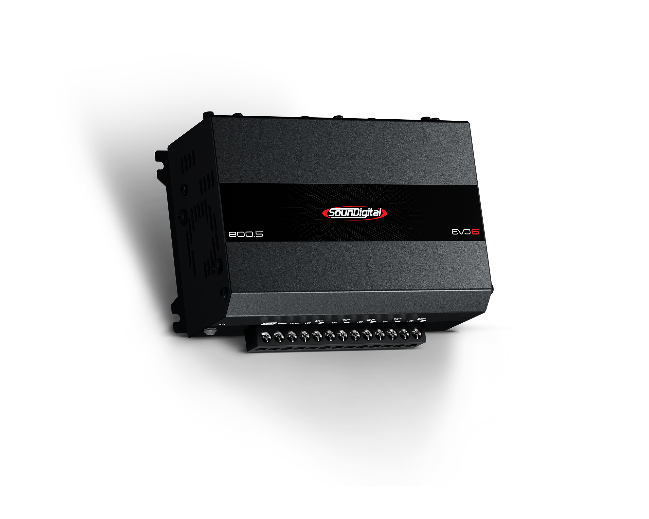 Soundigital SD800.5D EVO 6 car amplifier showing control knobs and connection ports on a sleek black chassis.
