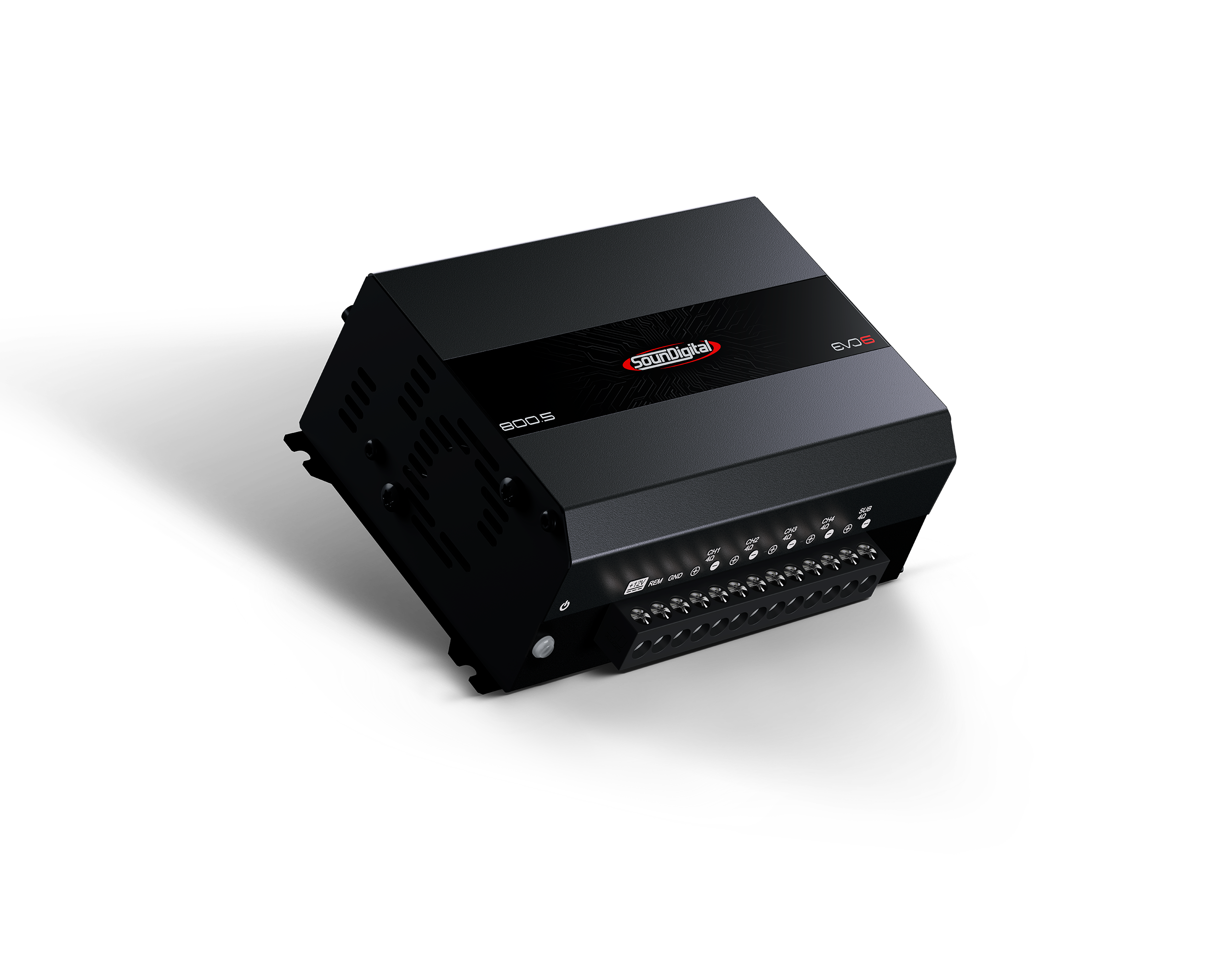Soundigital SD800.5D EVO 6 car amplifier with 5 channels, 800W RMS output, featuring sleek design and control knobs.