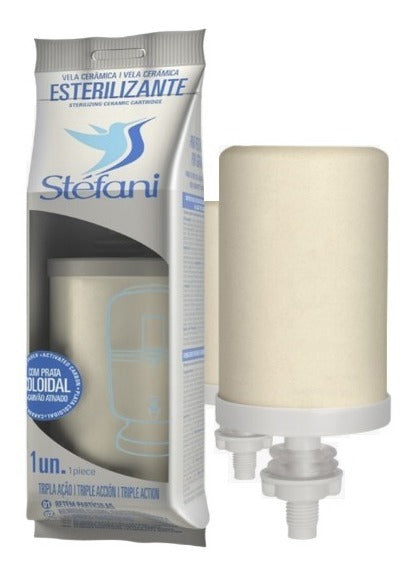 White triple action São João Stefani clay candle with a cylindrical shape and decorative design.