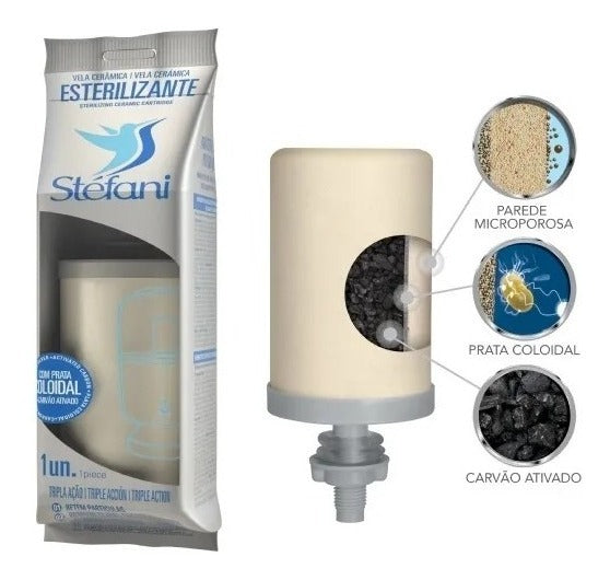 White triple action candle for São João by Stefani, featuring a clay filter design, used in traditional celebrations.
