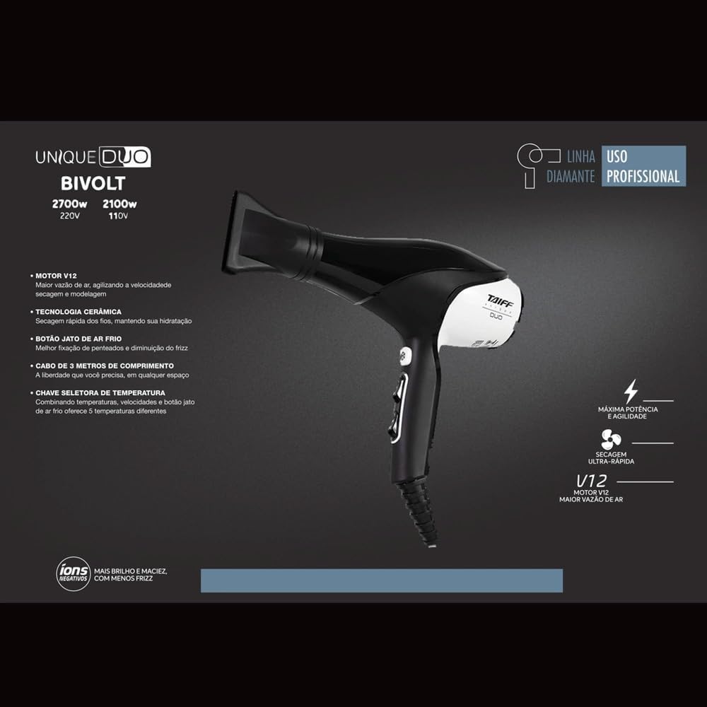 Taiff Unique Duo Black and White Hair Dryer 2700W Automatic Bivolt - BuyBrazil