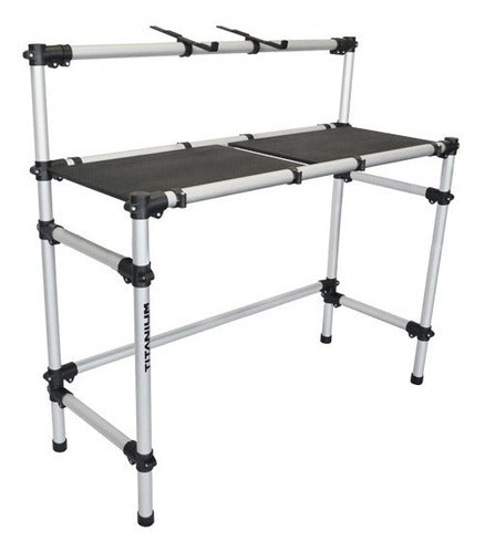Titanium DJ rack control modular aluminum station with workspace and support for DJ equipment, ideal for professional DJ setups.