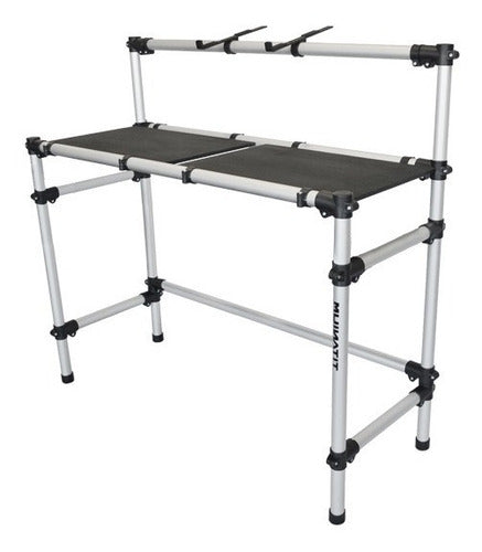 Titanium DJ control rack station with modular aluminum design, featuring a sturdy workspace for DJ equipment and accessories.