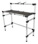 Titanium DJ control rack station with modular aluminum design, featuring a sturdy workspace for DJ equipment and accessories.