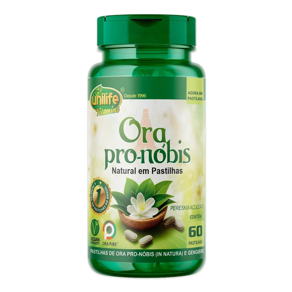 Unilife Natural Ora Pro-Nóbis and Ginger Lozenges, 60 count, 1000mg, featuring herbal ingredients and natural flavor.