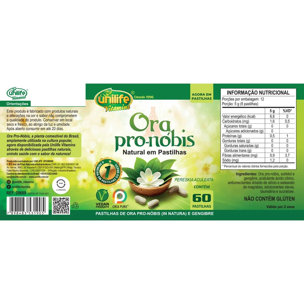 Unilife Natural Ora Pro-Nóbis and Ginger lozenges package with 60 lozenges, showing the product label and ingredients.