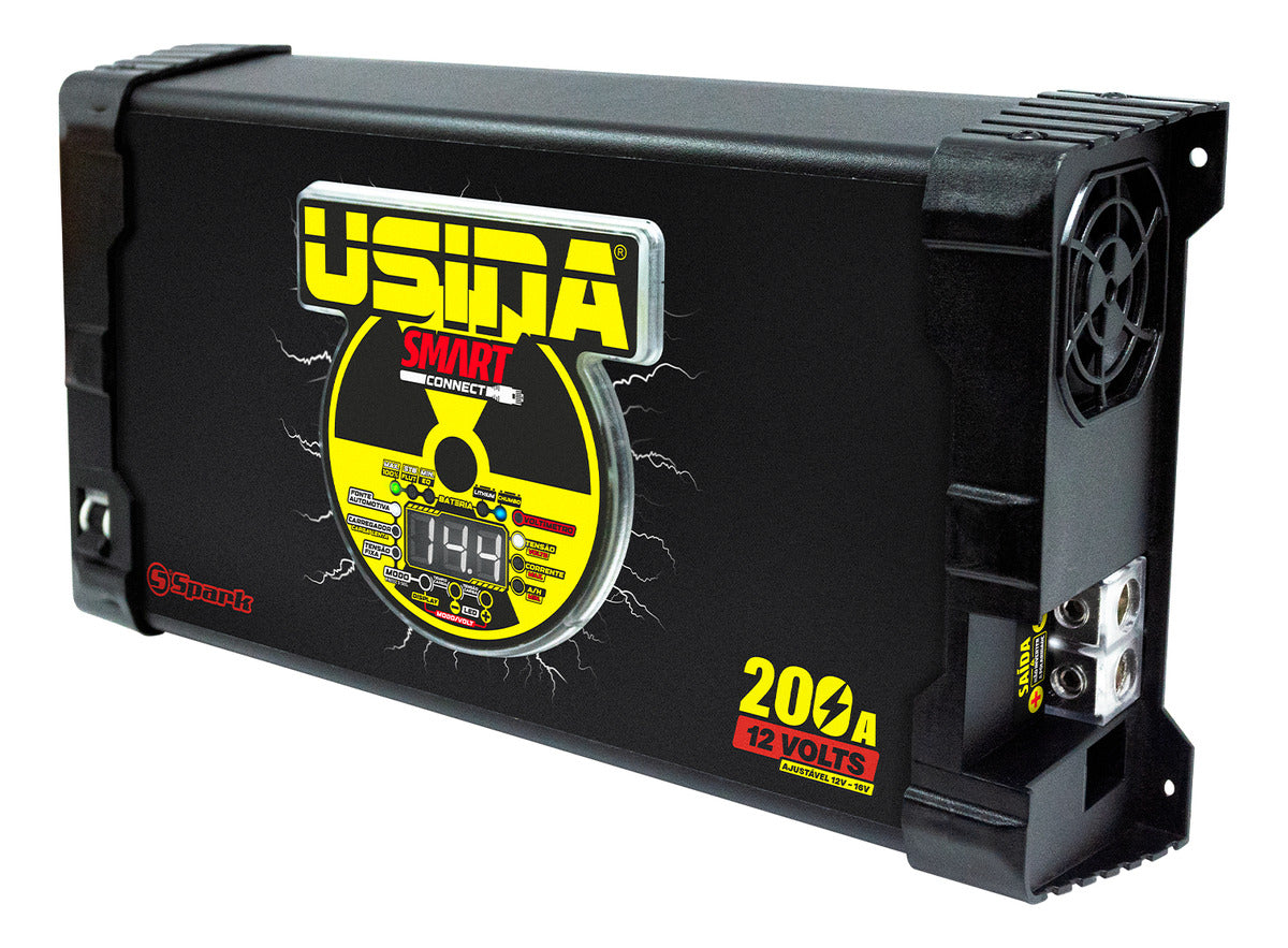 Spark Usina 200A 12V Bivolt automotive power supply with smart cooler, featuring durable build and versatile electrical connection.
