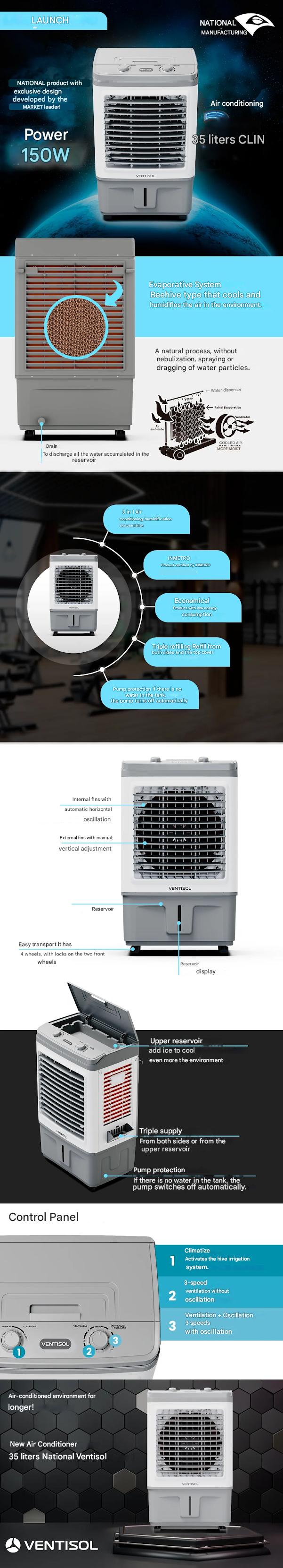 Ventisol Clin 16 Portable Evaporative Air Conditioner with Cold Air Conditioning 16 Liters Humidifie - BuyBrazil