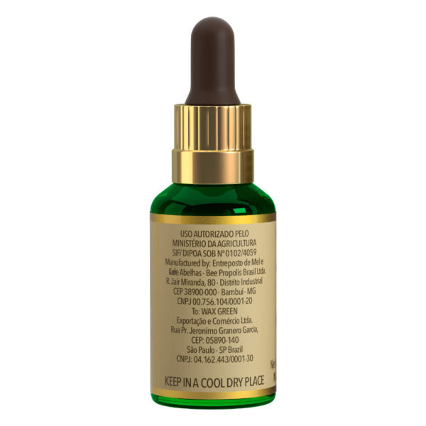 Green Gold Wax Green Propolis Extract in a 30ml bottle, showcasing the natural amber-colored liquid inside the transparent container.