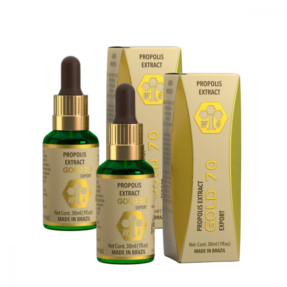 Wax Green Gold 70 Propolis Extract 30ml bottle, close-up of the natural golden liquid in a glass dropper bottle.