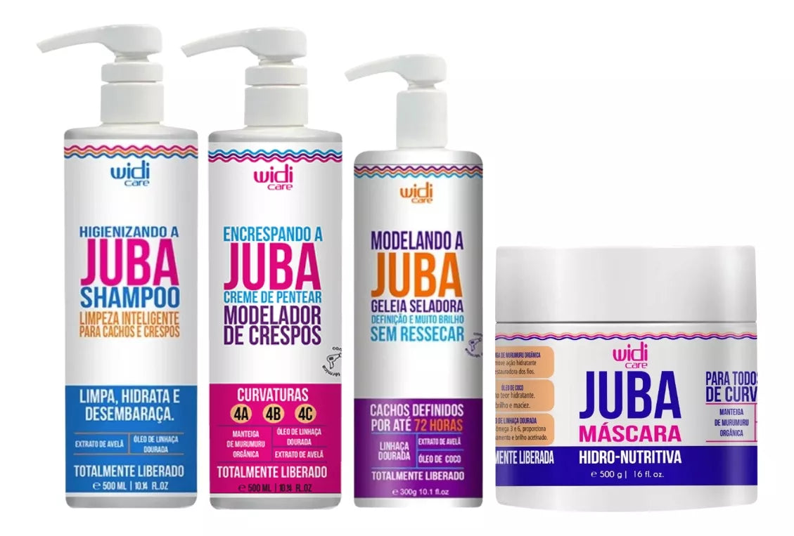 WIDI CARE Juba Kit for hair includes shampoo, styling cream, sealing jelly, and hydro-nutritive mask in a 4-step hair care set.