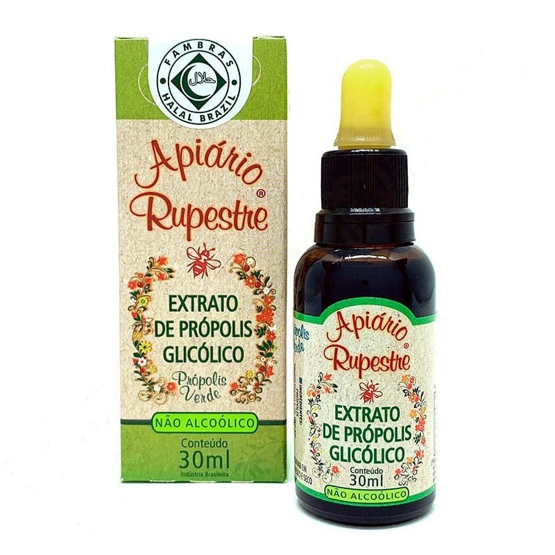 Apiário Rupestre alcohol-free green propolis glycolic extract in 30ml bottles, shown in a box with 25 bottles.