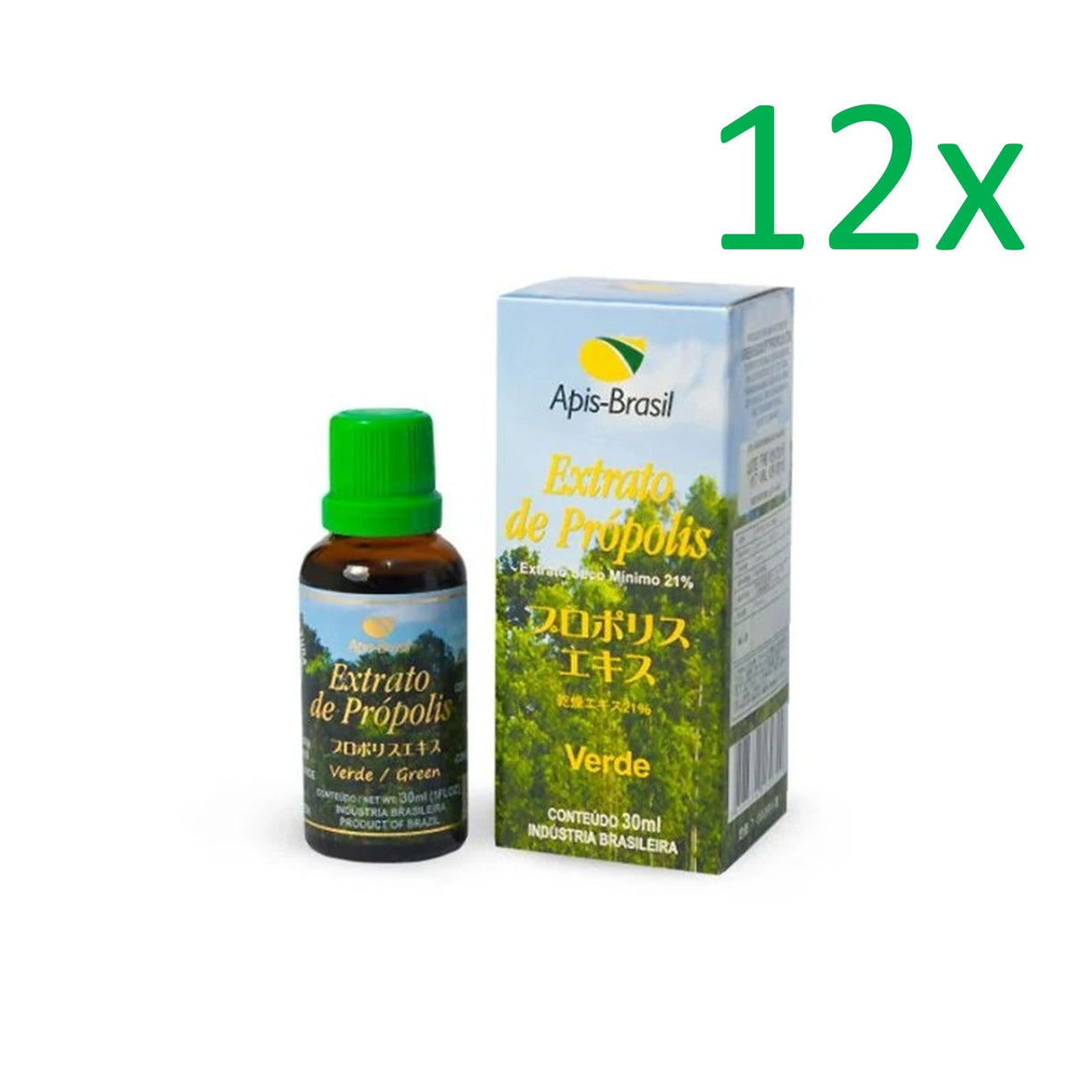 Apis Brasil Green Propolis Extract 21% in a 30ml bottle, featuring natural green propolis liquid from Apis Brasil.