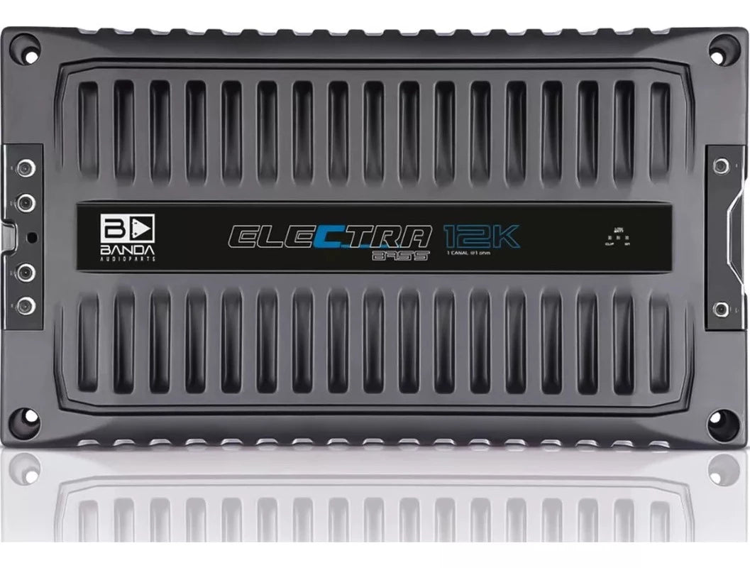 Banda Electra Bass 12K car amplifier with 12,000 Watts RMS, 1 ohm, showcasing front panel controls and cooling vents.