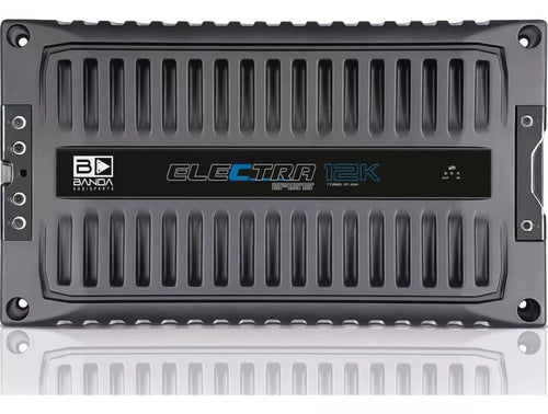 Banda Electra Bass 12K car amplifier with 12,000 Watts RMS, 1 ohm, showcasing front panel controls and cooling vents.