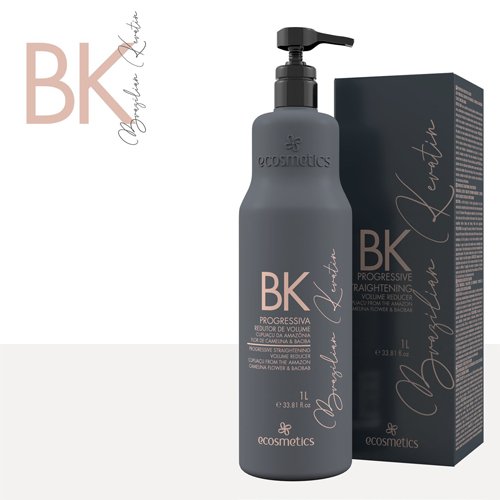 Ecosmetics BK Brazilian Keratin progressive straightening hair care treatment in a 1000ml bottle with a brush applicator.