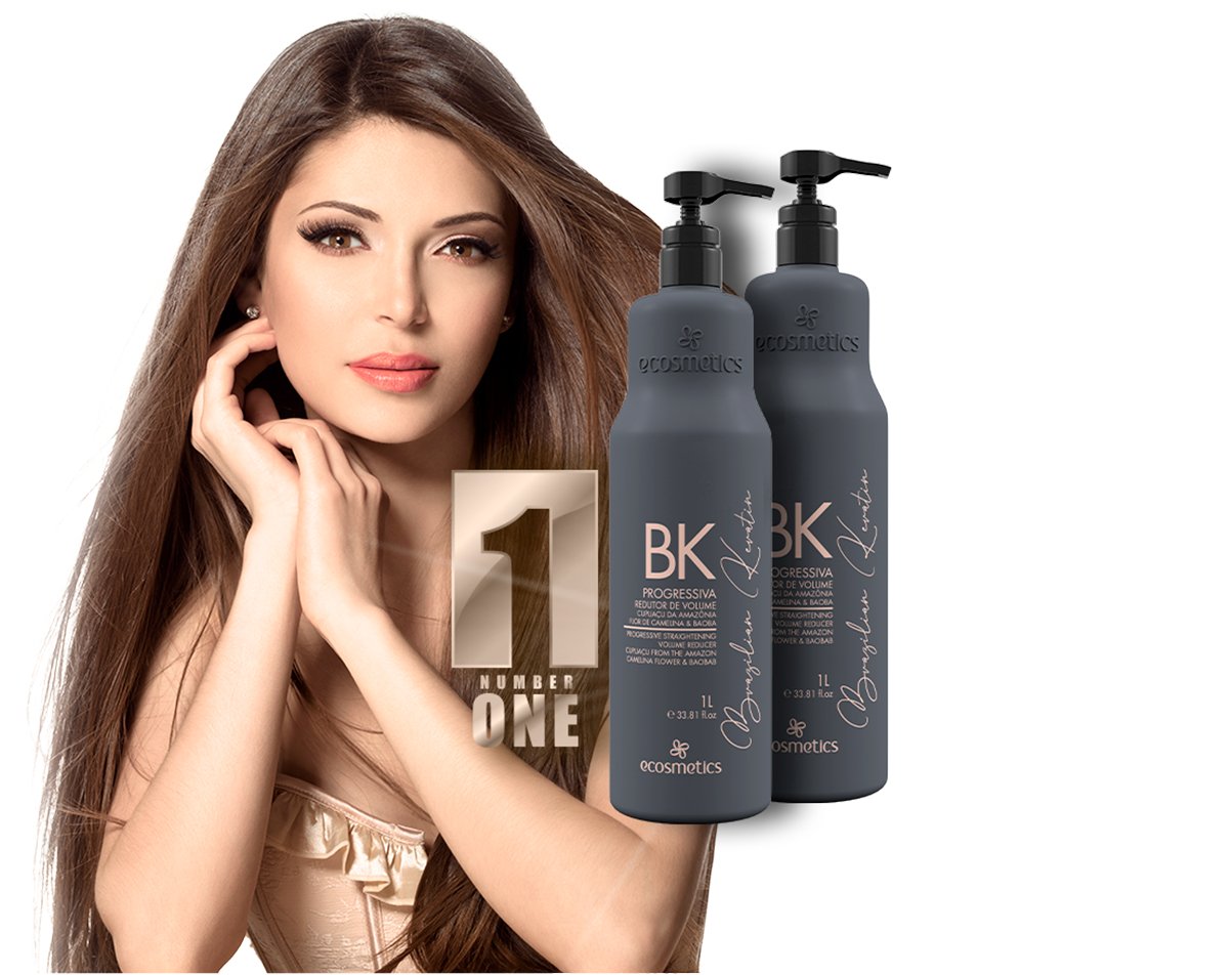ECOSMETICS BK Brazilian Keratin Hair Straightening Treatment in 1000ml bottle, with brush for application, professional hair care product.