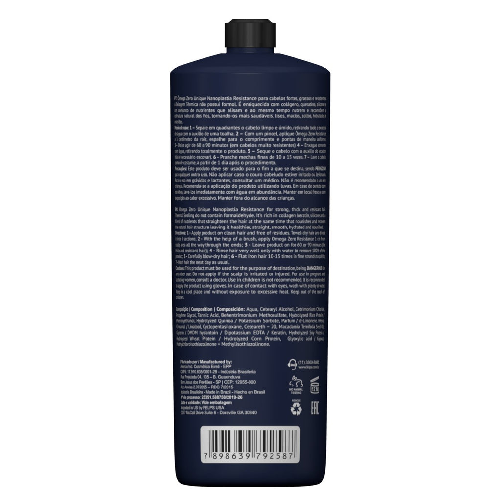 FELPS Omega Zero Nanoplastia Resistance Brazilian keratin hair treatment bottle, 1000ml, for smooth, strong hair care.