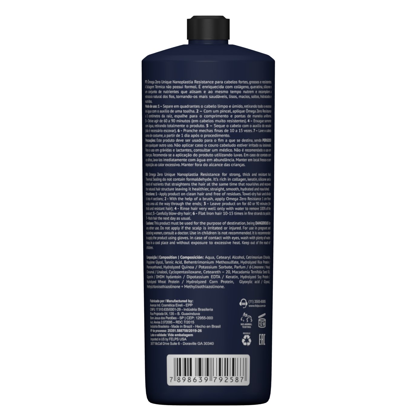 FELPS Omega Zero Nanoplastia Resistance Brazilian keratin hair treatment bottle, 1000ml, for smooth, strong hair care.