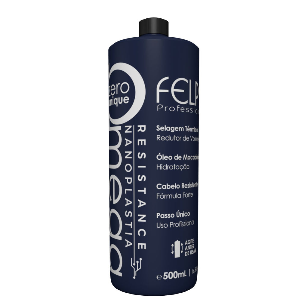 FELPS Omega Zero Nanoplastia Resistance Brazilian keratin hair treatment in a 500ml bottle, designed for hair repair and smoothness.
