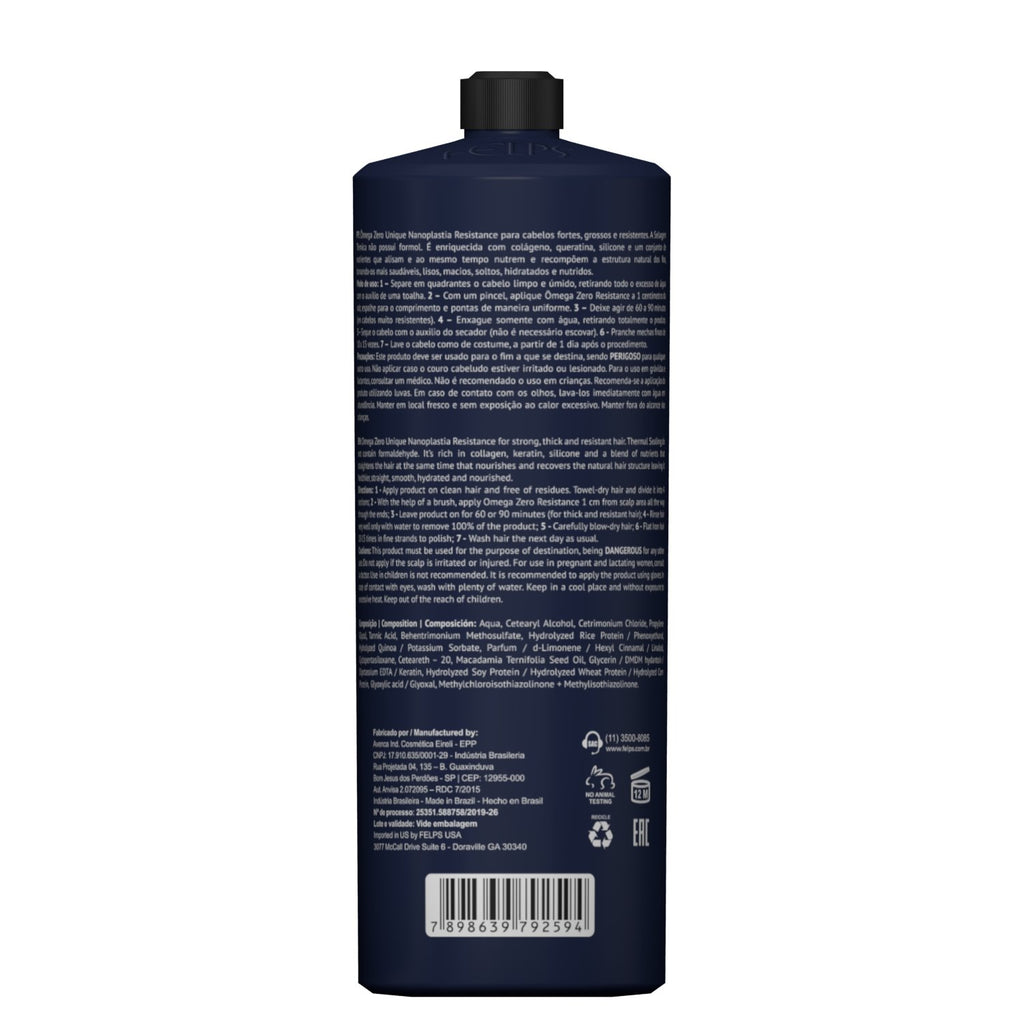 Felps Omega Zero Nanoplastia Resistance Hair Treatment bottle, Brazilian keratin hair care product, 500ml, with a sleek packaging design.