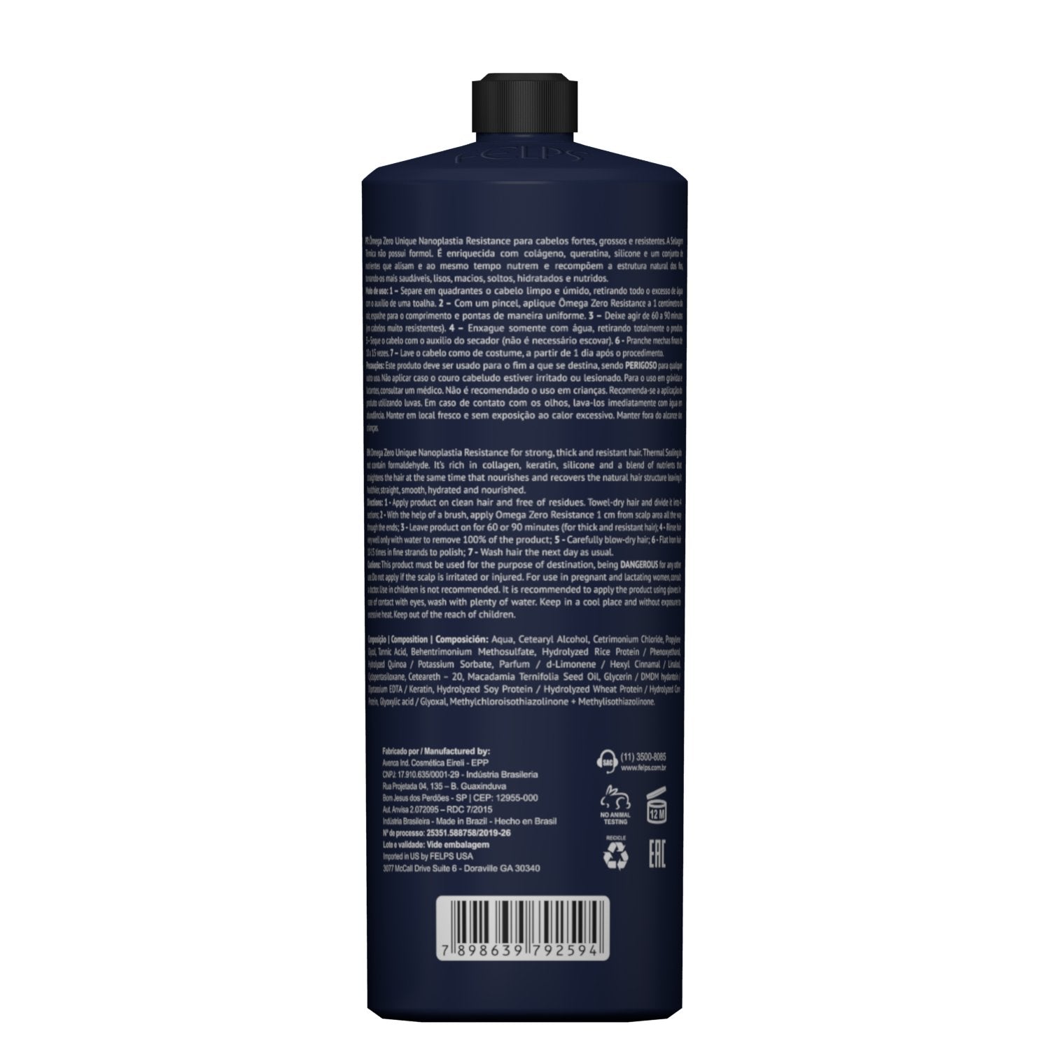 Felps Omega Zero Nanoplastia Resistance Hair Treatment bottle, Brazilian keratin hair care product, 500ml, with a sleek packaging design.