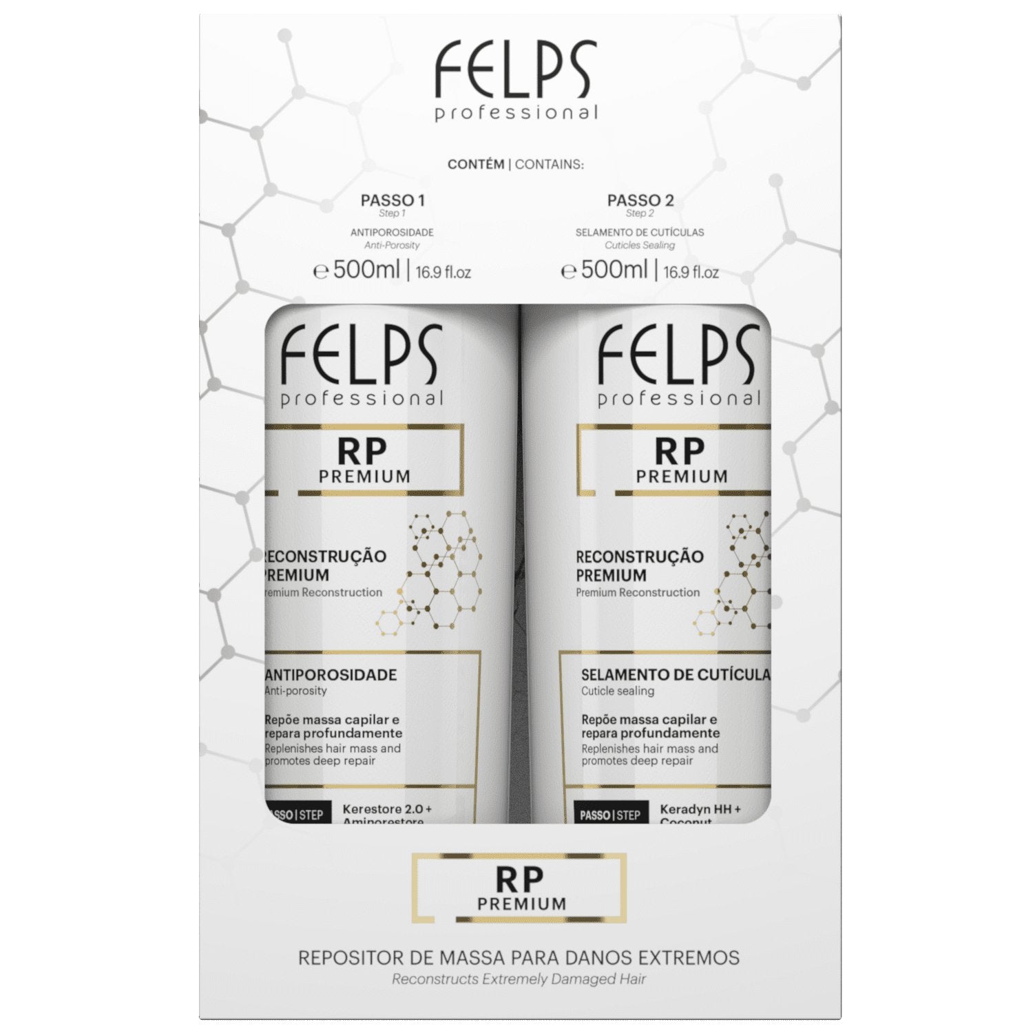 Felps RP Premium Repositor de Massa hair care set with two 500ml bottles, nourishing treatment for hair repair and strength