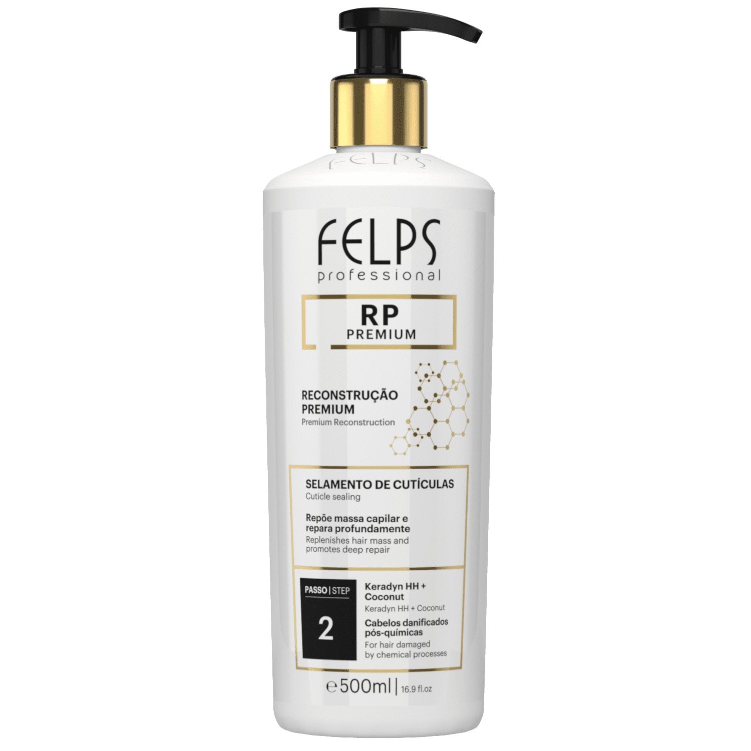 FELPS RP Premium Repositor de Massa hair care bottles, 2x500ml, with creamy hair treatment and conditioner for nourishing hair.
