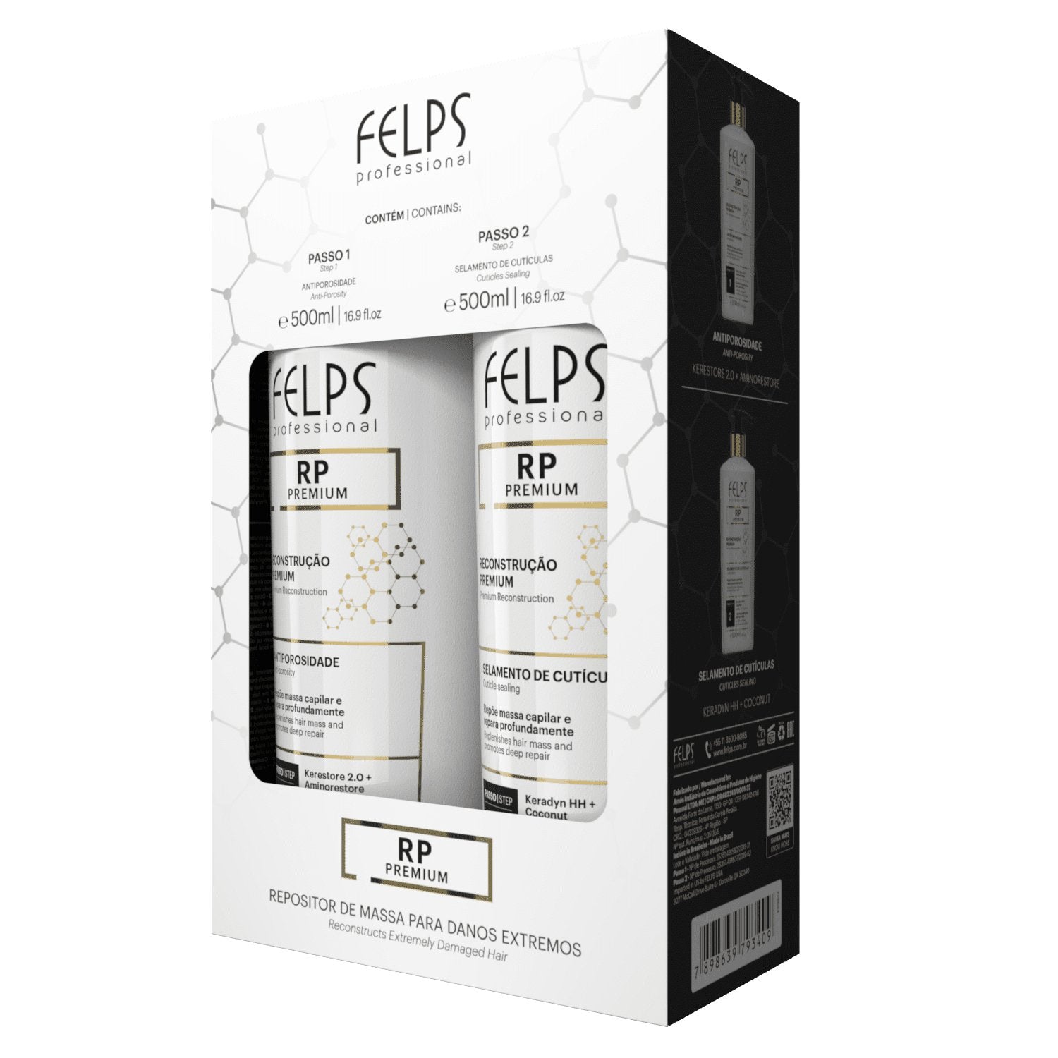 Felps RP Premium Repositor de Massa hair care bottles, 2x500ml, for nourishing and repairing hair treatments.