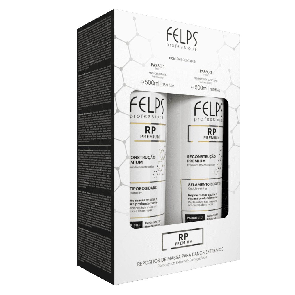 FELPS RP Premium Repositor de Massa hair care set with two 500ml bottles of nourishing hair treatment liquid.