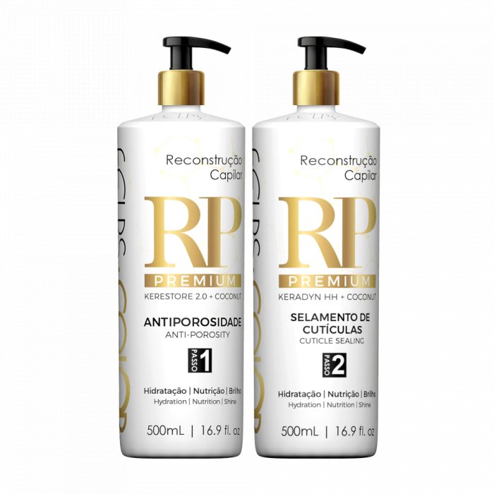 Felps RP Premium Repositor de Massa hair care bottles, 2x500ml, featuring nourishing formulas for damaged hair recovery.