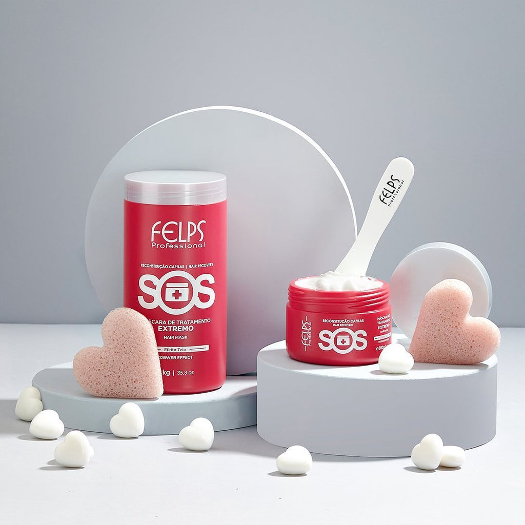 FELPS SOS Hair Reconstruction Mask 1kg jar for deep conditioning and repair of damaged hair, in natural hair care setting.