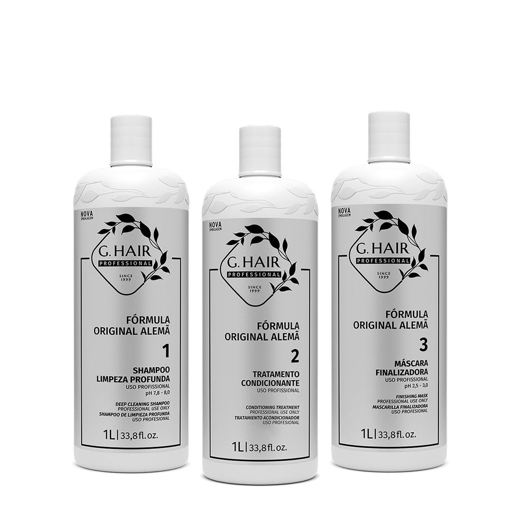 G.Hair German Intelligent Progressive Brush Kit with three 1000ml bottles for silky, frizz-free hair care.