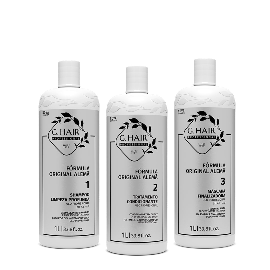 G.Hair German Intelligent Progressive Brush Kit with three 1000ml bottles for silky, frizz-free hair care.