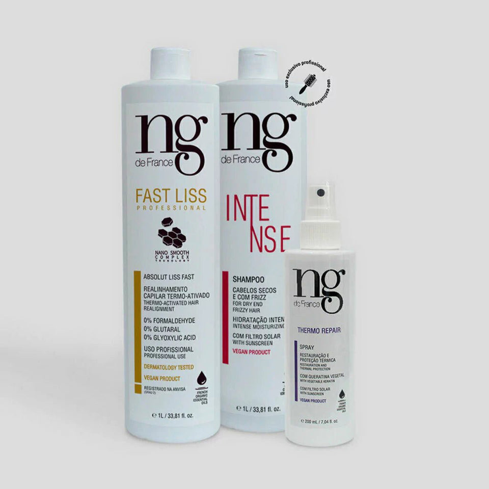 NG de France Fast Liss Vegan Realignment Kit: Fast Liss + Intense Shampoo 1L + Thermo Repair Spray - BuyBrazil
