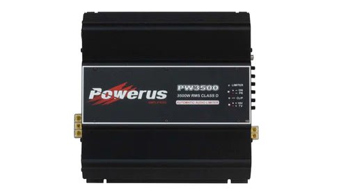 Powerus PW3500 1-ohm car amplifier showing its sleek design and control panel, delivering 3500 watts RMS sound power.