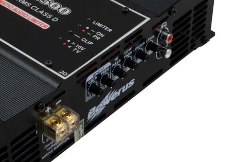 Powerus PW3500 1-ohm car amplifier showing front panel with controls and branding, rated at 3500 watts RMS for car audio.