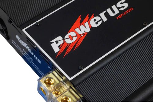 Powerus PW3500 1-ohm car amplifier showing front panel with control knobs and branding for 3500 Watts RMS sound output.