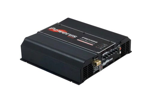 Powerus PW3500 1-ohm car amplifier delivering 3500 watts RMS, featuring a compact design and robust build for high-power sound.