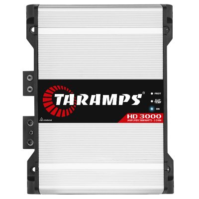 Taramps HD3000 car audio amplifier showing front panel with controls and cooling vents, 3000 watts RMS power output.