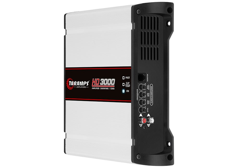 Taramps HD3000 car audio amplifier with 3000 watts RMS power, featuring black metal casing and control knobs.