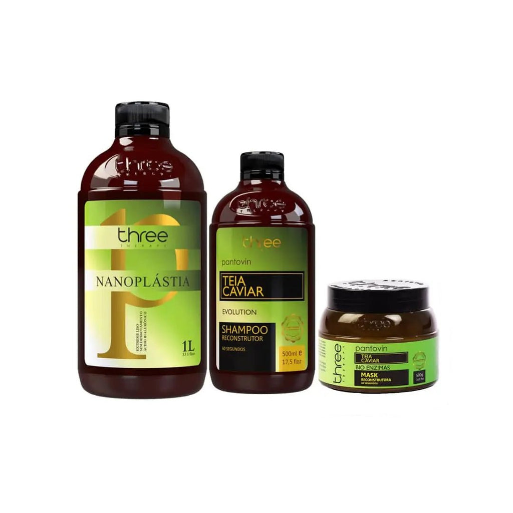 Three Therapy Nanoplasty 1L and Teia Caviar 500g for hair straightening without formaldehyde and capillary reconstruction