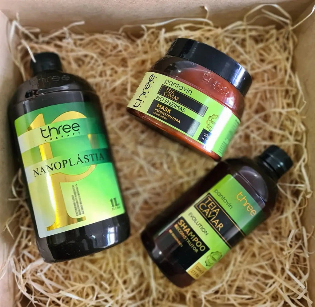 Three Therapy Nanoplasty 1L and Teia Caviar 500g for hair straightening without formaldehyde and capillary reconstruction.