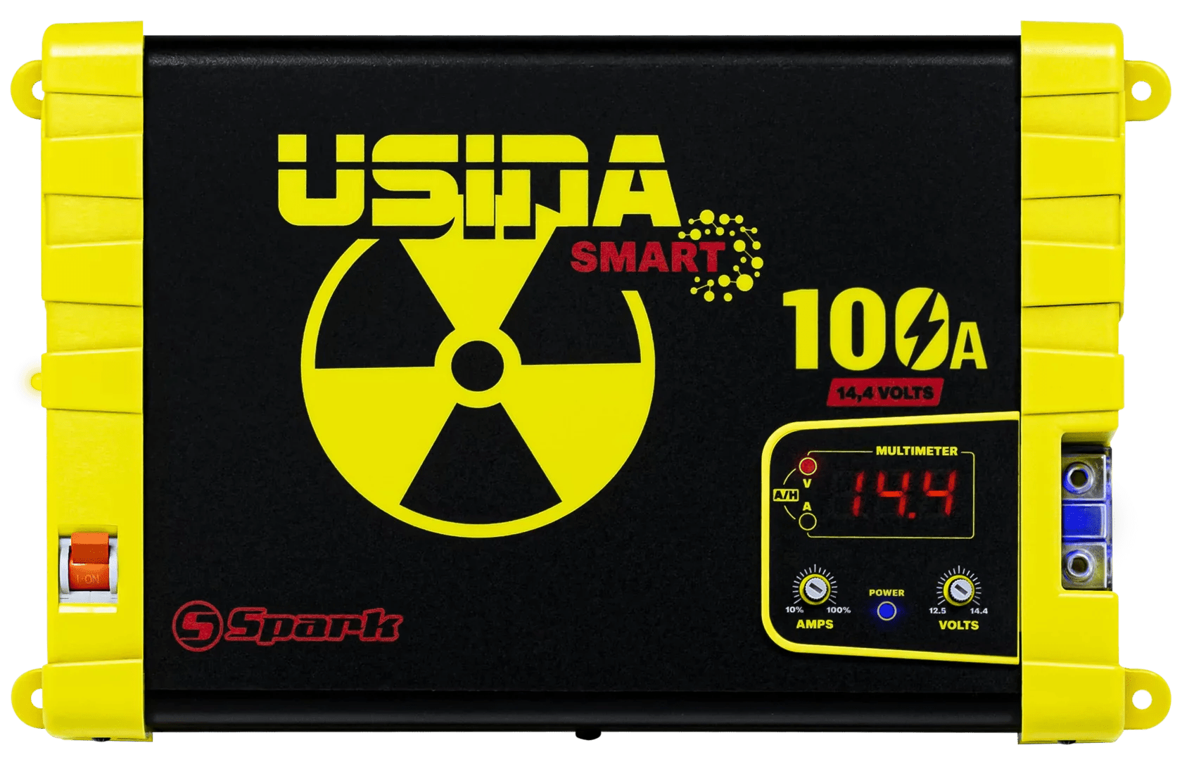 Spark Usina Smart 100A automotive power supply and charger showing a compact 12V automotive charger with control buttons and LED indicators.